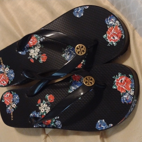 Tory Burch Shoes - Tory Burch Wedge Flip Flops, Floral Print, size 9, poss no wear, Black with box